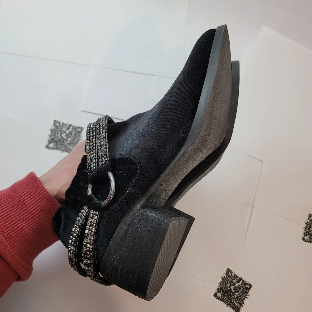 Not Rated Ankle Boots Women Black Velvet Rhinestone Strap‎ NRLB0332-001 Size 8.5